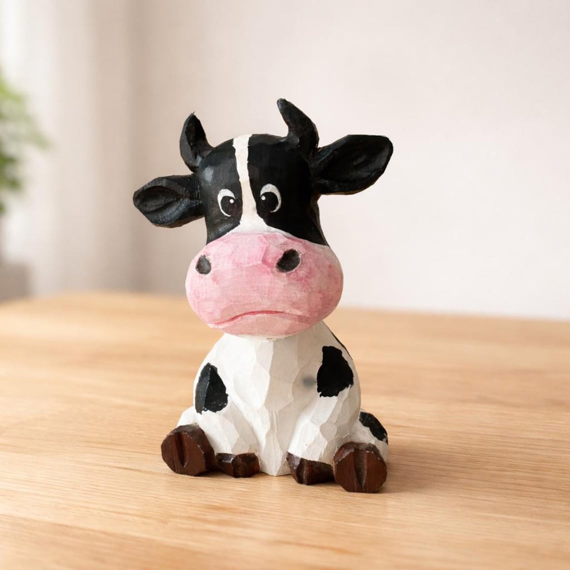Wooden Cow Figurine Desk Decor, Sitting Farm Animal Shelf Display