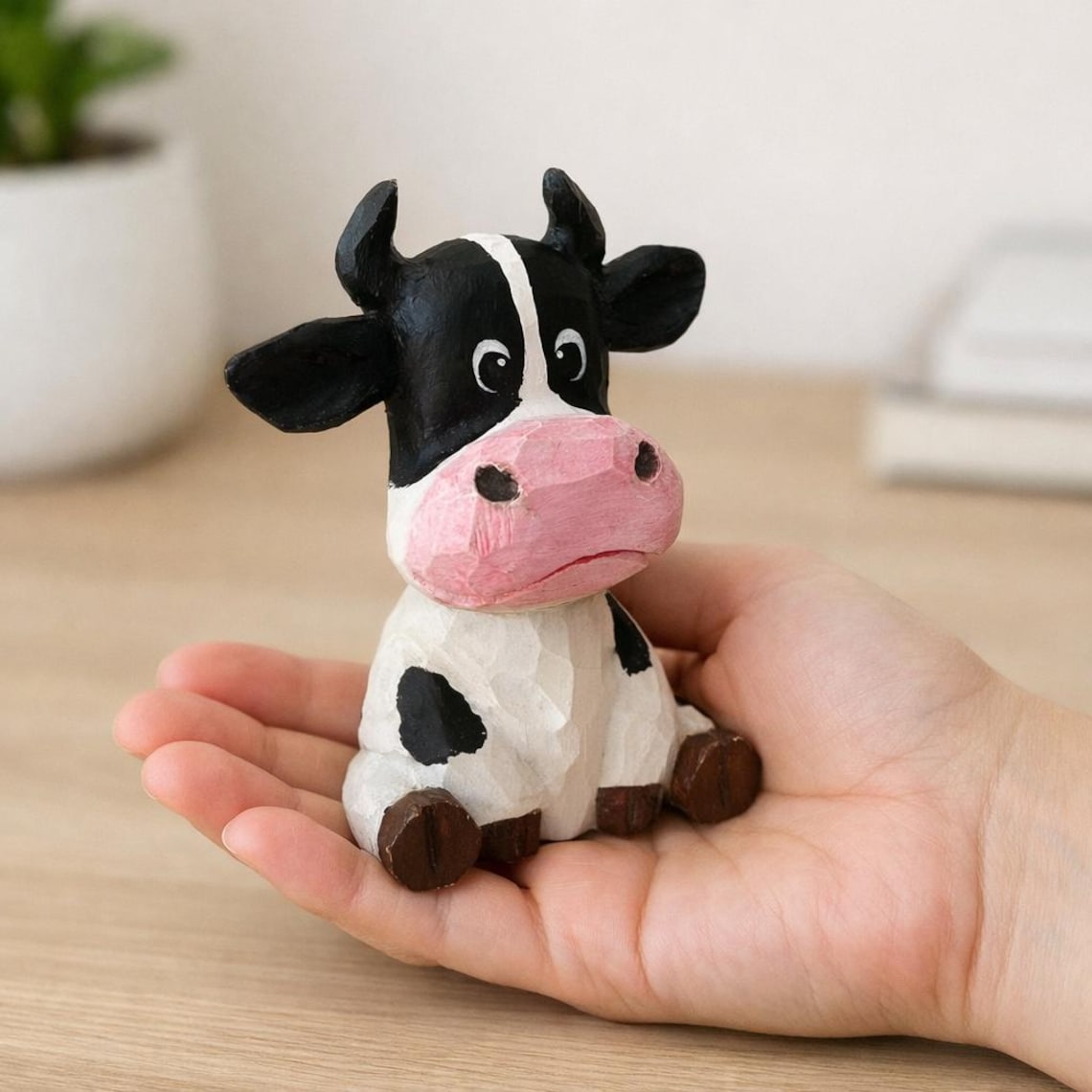 Wooden Cow Figurine Desk Decor, Sitting Farm Animal Shelf Display